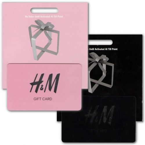 three gift cards with the letter h and m in black, pink, and white