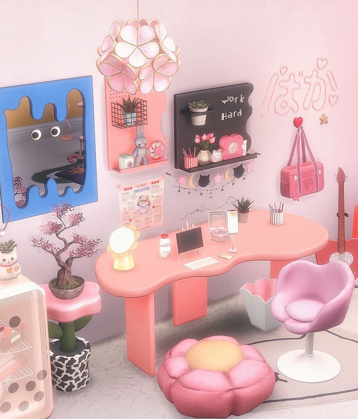 a room filled with furniture and pictures on the wall next to a desk in front of a mirror