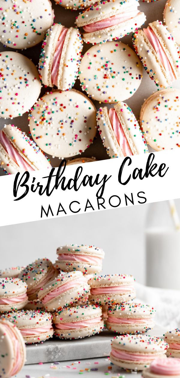 birthday cake macarons with sprinkles on top and in the background