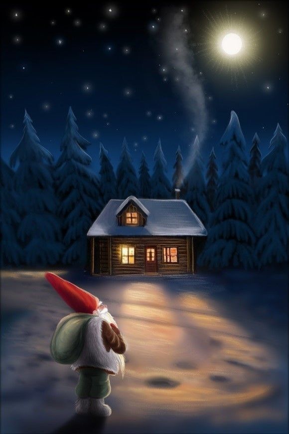 a painting of a dog with a santa hat looking at a house in the snow