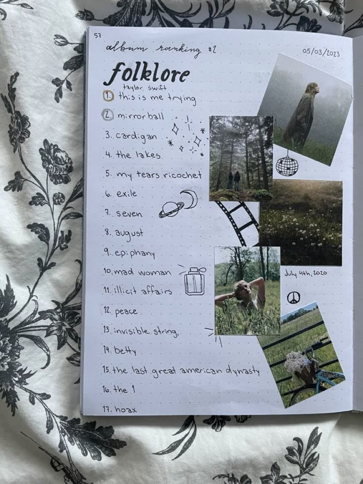 journaling folklore taylor swift album ranking songs bullet journal aesthetic collage scrapbook music doodle sprin summer Album Ranking Journal, Folklore Doodles Taylor Swift, Folklore Taylor Aesthetic, Eras Tour Surprise Songs Tracker, Taylor Swift Songs Ranked, Folklore Journal Page, Taylor Swift Album Ranking, Folklore Doodles, Song Diary Aesthetic