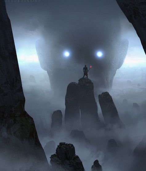 a man standing on top of a mountain surrounded by fog and rocks with glowing eyes