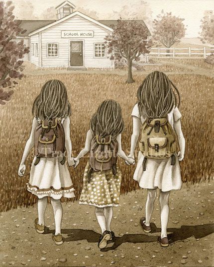 three girls with backpacks are walking in front of a house