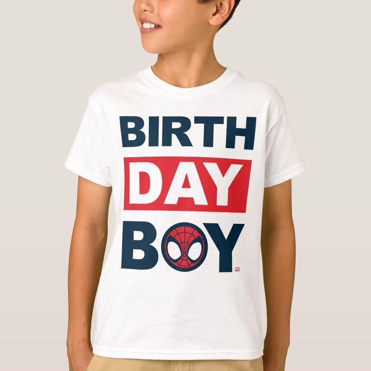 a young boy wearing a spider man birthday t - shirt with the words birth day boy on it