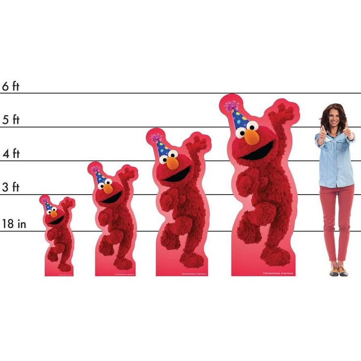 a woman standing in front of a set of five sesame street characters with numbers on them