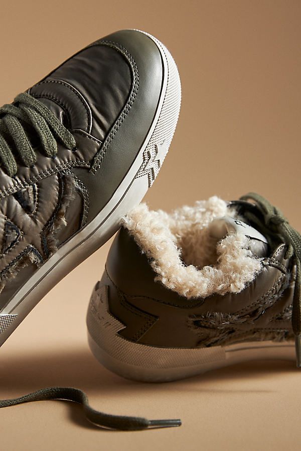 The Ash Malibu Faux-Fur Sneaker warms up the season with a plush, faux-fur lining and a chunky sole. | Malibu Faux-Fur Sneakers by Ash in Green, Women's, Size: 36, Leather/Rubber at Anthropologie Winter Streetwear Sneakers With Textured Sole, Winter Low-top Sneakers With Textured Sole, Winter High-top Sneakers With Textured Sole For Streetwear, Winter Leather Sneakers, Winter Sporty High-top Sneakers With Textured Sole, Casual Winter Sneakers With Shearling, Casual Shearling Winter Sneakers, Casual Winter Shearling Sneakers, Fur Sneakers