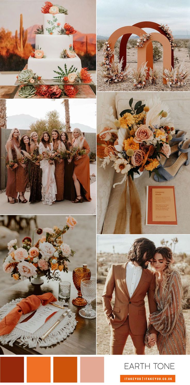 an orange and brown wedding color scheme with flowers, greenery, and desert colors