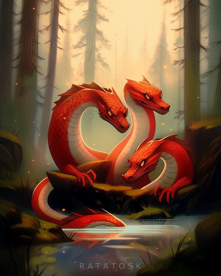 two red snakes are in the middle of a forest, with water and trees around them