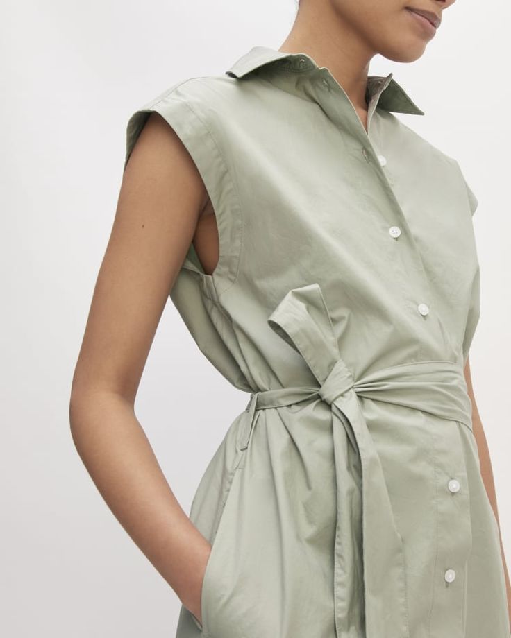 The Supima® Cotton Short-Sleeve Shirt Dress Sage Green �– Everlane Summer Cotton Shirt Dress For Business Casual, Cotton Collared Shirt Dress With Tie Waist, Collared Cotton Shirt Dress With Tie Waist, Summer Button-up Midi Dress With Belted Cuffs, Summer Workwear Shirt Dress With Tie Fastening, Business Casual Collared Cotton Dress, Cotton Belted Shirt Dress For Office, Cotton Shirt Dress With Belted Cuffs For Work, Spring Shirt Dress With Belted Cuffs And Spread Collar