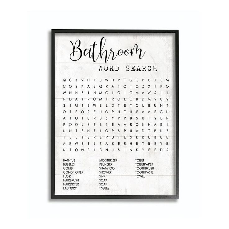 a bathroom word search print with the words in black and white, on a white background