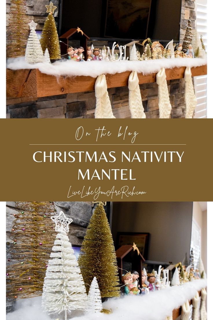 christmas nativity mantel with gold and white trees