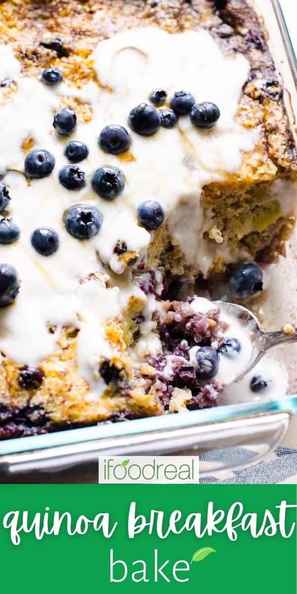 blueberry quinoa breakfast bake in a glass casserole dish