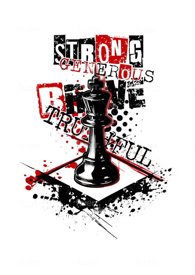 a black and white chess piece with the word strong on it's back ground