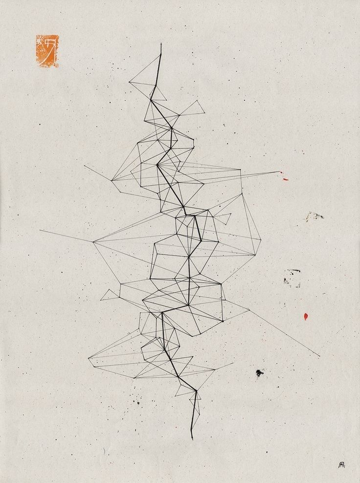 an abstract drawing with lines and dots in the middle, against a white sky background