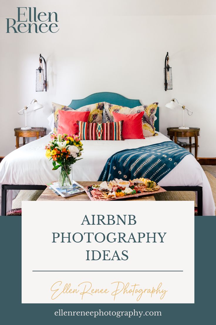 an air bnb photography idea with flowers and pillows on a bed in a bedroom