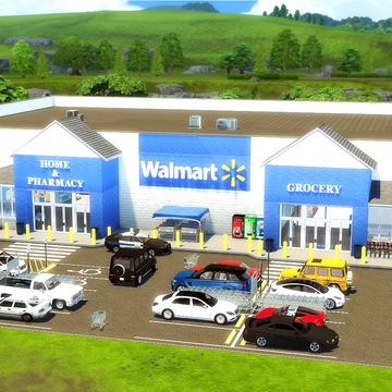 an artist's rendering of a walmart gas station with cars parked in front