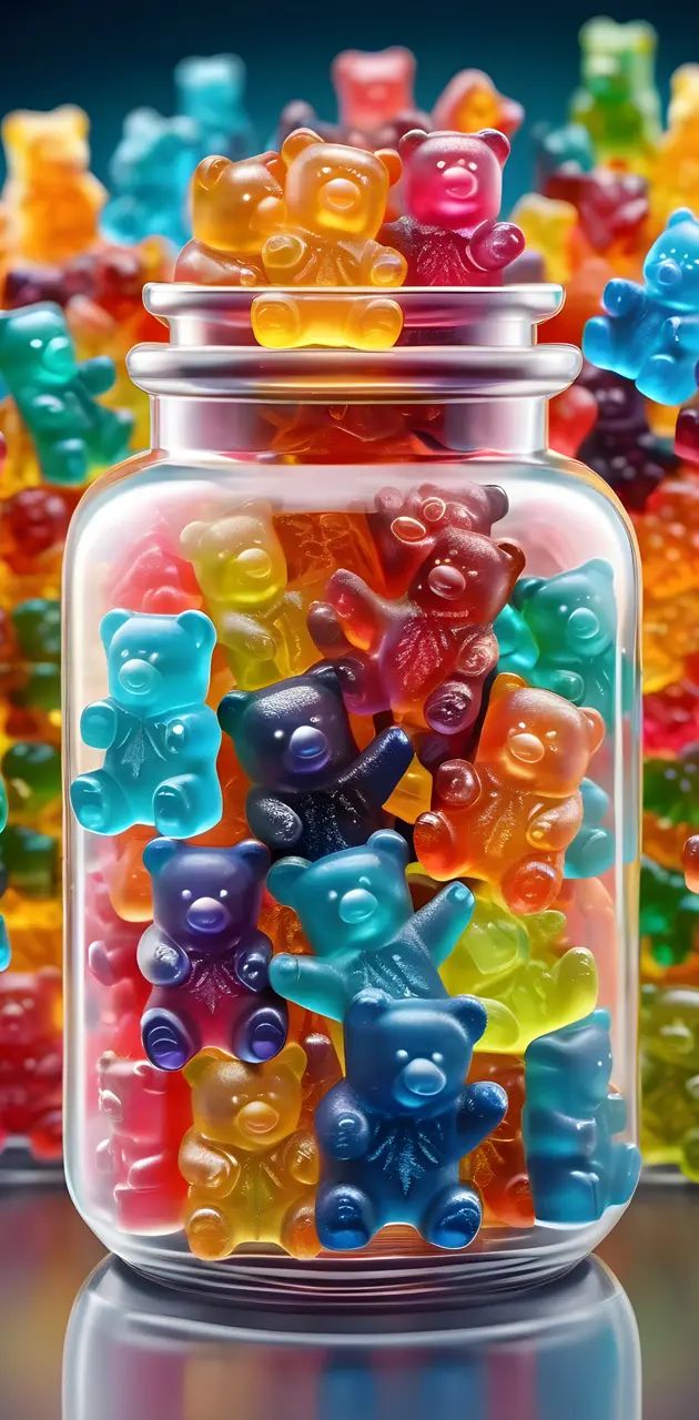 a glass jar filled with lots of gummy bears