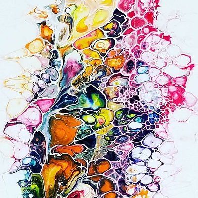 an abstract painting with lots of different colors and shapes on it's surface, as well as bubbles