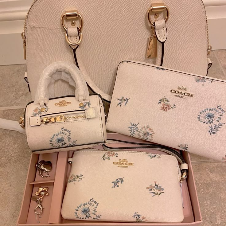 Nwt! Everything Shown. Will Sell 3 Piece Accessory Set Without Bag But Bag Is Included In This Asking Price Off White Satchel Floral Matching Set Of Hang Tag Zip Accessory, Matching Zip Wallet And Box Set Wristlet With 2 Charms As Shown Gifts For Your Wife, Sweetly Bag, Cute Coach Bags, Coach Bags Handbags, Designer Bag Collection, Hang Bags, Trendy Purses, My Style Bags, Luxury Bags Collection