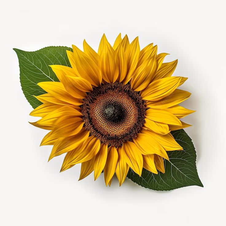 a large yellow sunflower with green leaves on a white background, viewed from above