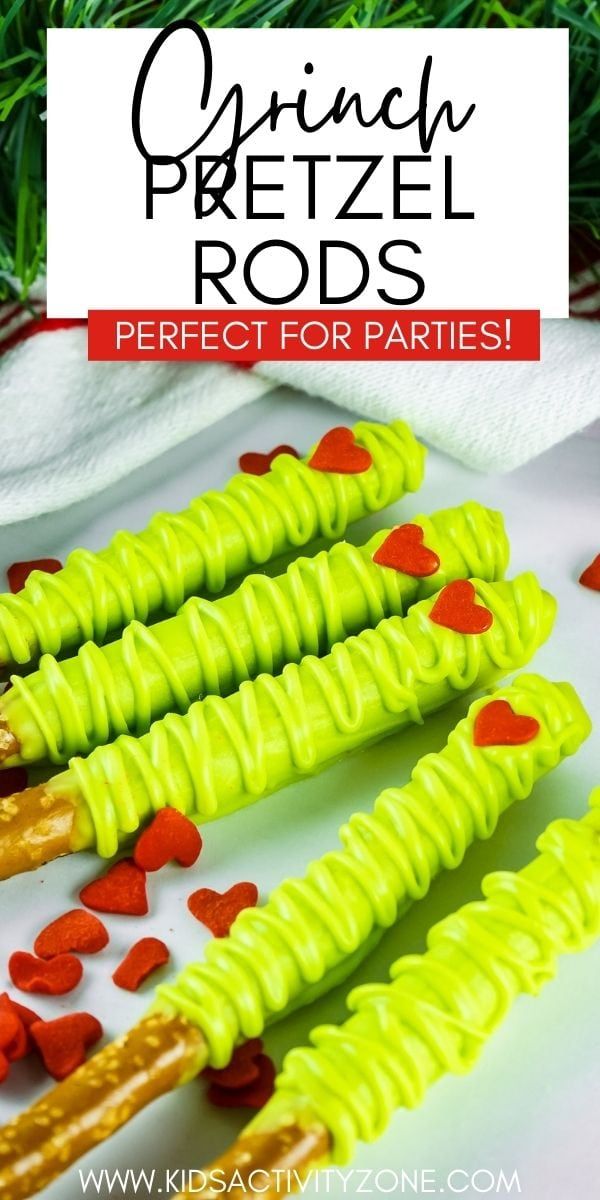 green pretzel rods with hearts on them and the title overlay reads, spring pretzel rods perfect for parties