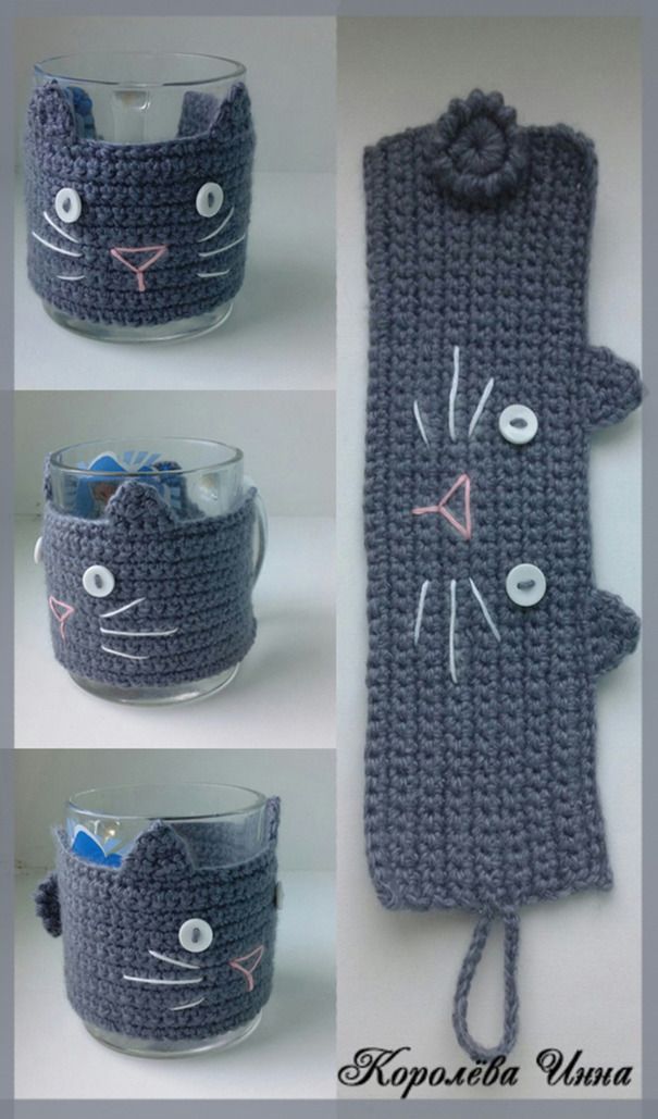 crocheted cat mug cozies with buttons and eyes are shown in three different views