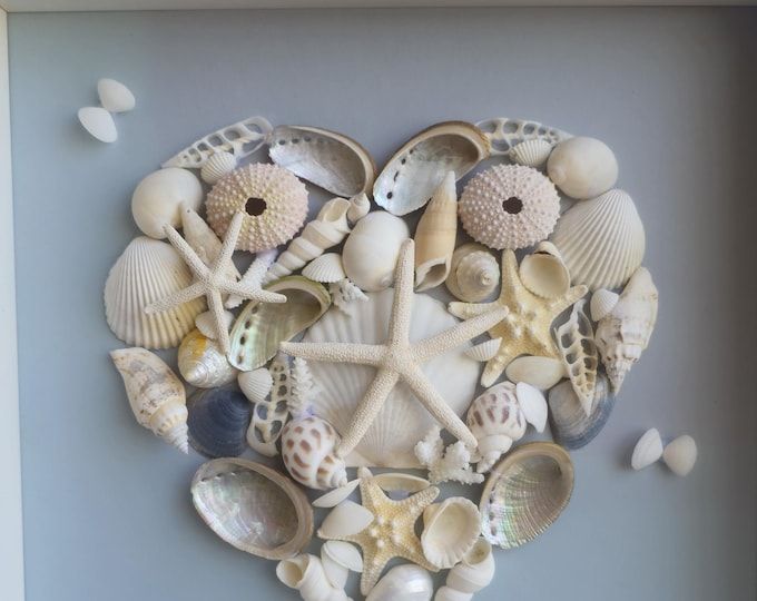 a heart made out of seashells and starfish on a blue wall with shells