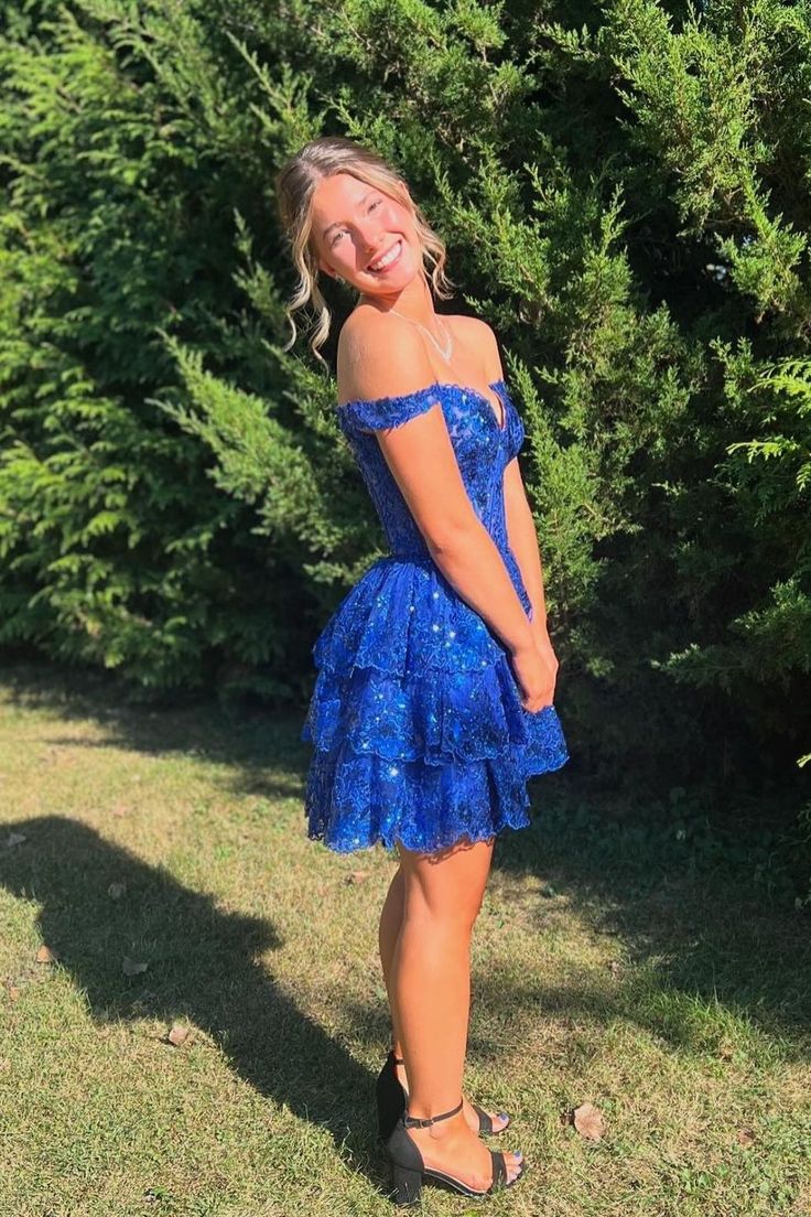 Off the Shoulder Royal Blue Tiered Short Dres Blue Lace Mini Dress For Prom, Blue Fitted Off-shoulder Dress For Wedding, Blue Lace Dress For Homecoming, Lace Homecoming Dress With Sequins, Off-shoulder Dresses For Homecoming And Prom Season, Blue Strapless Ruffled Dress For Prom, Blue Strapless Ruffle Dress For Prom, Fitted Blue Off Shoulder Dress For Gala, Blue Strapless Dress With Ruffles For Prom