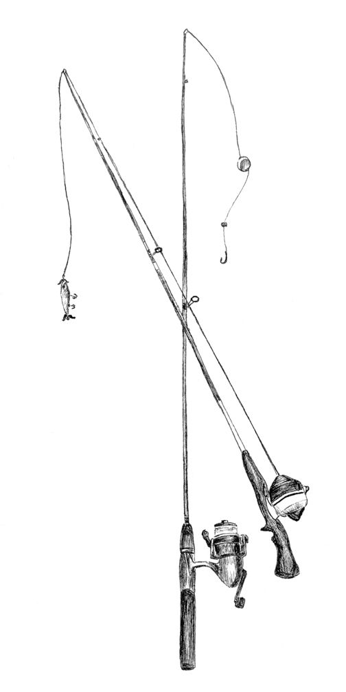 an ink drawing of a fishing rod and two reels attached to a pole with hooks