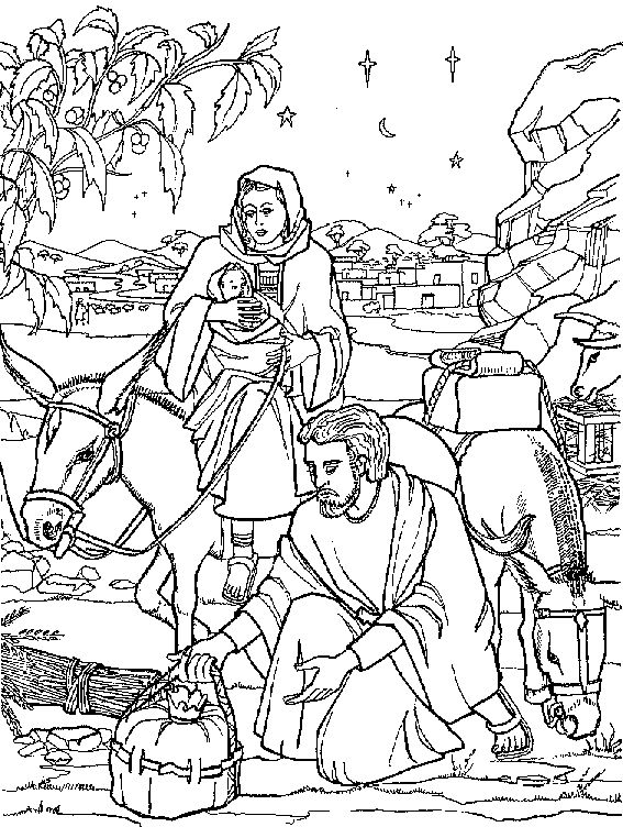 the nativity scene is depicted in this coloring page, with two men and a donkey