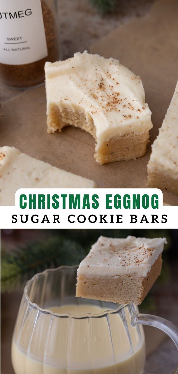 christmas eggnog sugar cookie bars are on the table and in front of a glass pitcher