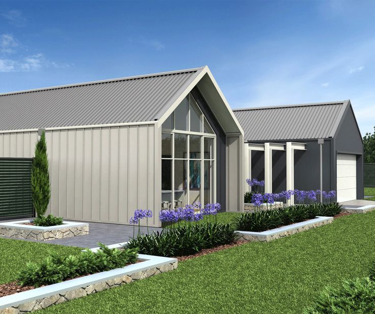 this is a computer rendering of a modern house in the country side with flowers and shrubs