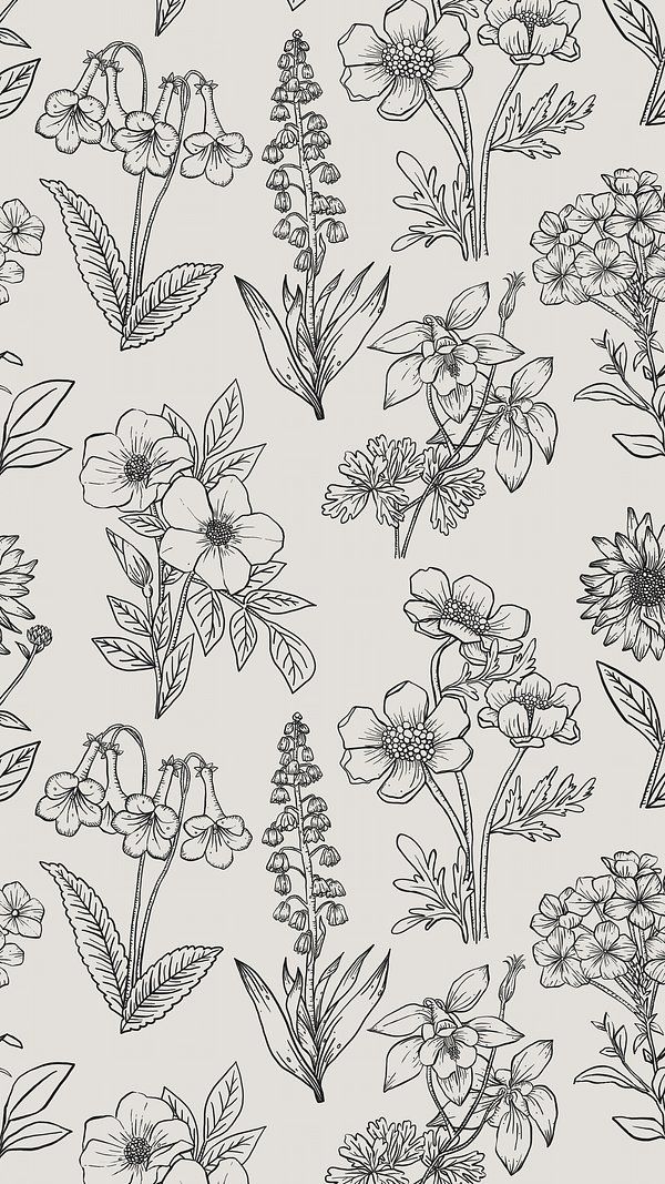 a black and white floral pattern on a light gray background, with lots of flowers