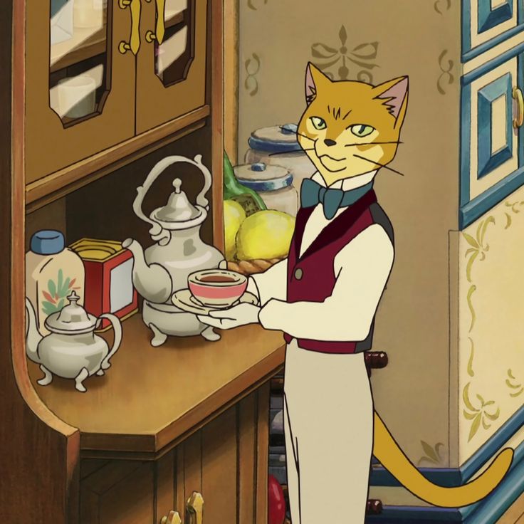 an animated image of a cat in the kitchen preparing food for someone to eat it