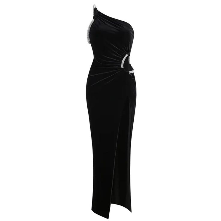 Create a statement with this elegant One Shoulder Cutout Velvet Maxi Dress. Perfect for any evening event, it features a stylish cutout design and sparkling rhinestone decor. Made with soft velvet material, this dress exudes glamour and luxury. Complete your look with this must-have black maxi dress. Fabric: Slight Stretch Material: Polyester Fiber Elegant Sleeveless Velvet Midi Dress, Elegant Velvet Midi Dress For Night Out, Elegant Velvet Cocktail Dress, One Shoulder Velvet Evening Dress, One-shoulder Velvet Evening Dress, Elegant Velvet Midi Evening Dress, Elegant Velvet Midi Dress For Party, Evening One-shoulder Velvet Dress, Glamorous Velvet Bodycon Dress For Night Out