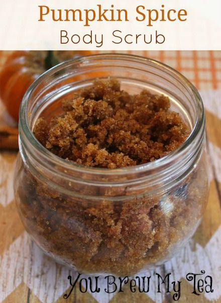 pumpkin spice body scrub in a glass jar on a wooden table with text overlay