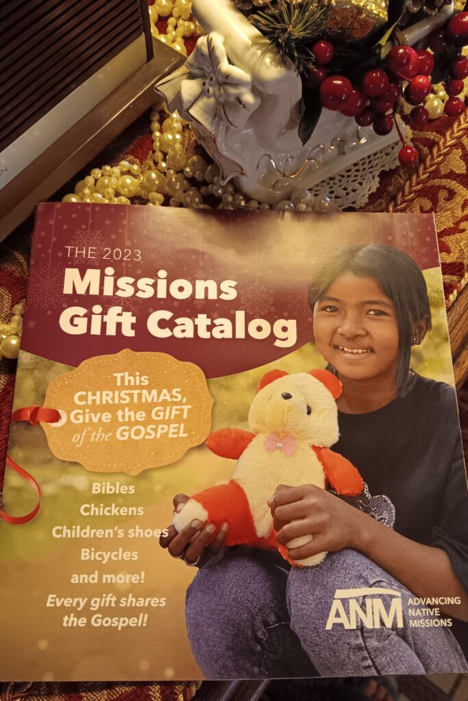 a woman holding a stuffed animal in front of a book titled the 2012 mission's gift catalog