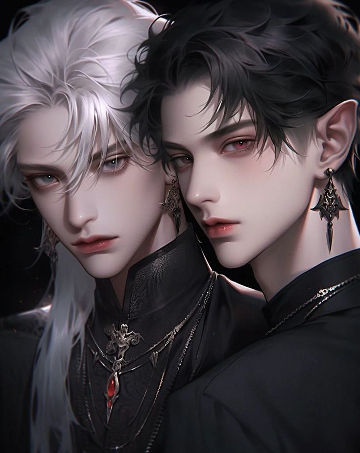 two young men with white hair and black clothes, one is wearing silver ear rings