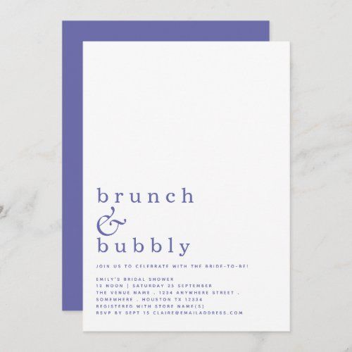 a white and blue wedding card with the word brunch and bubbly on it