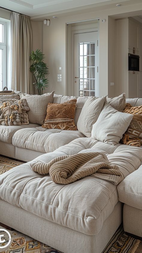 a living room filled with lots of furniture next to a large open window on top of a rug