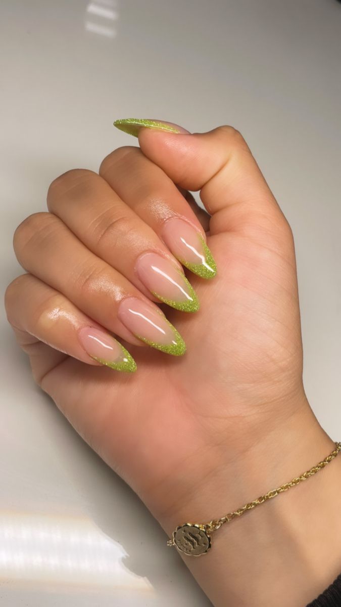 Green French Tip Almond, Lime Green French Tip, French Tip Almond, Green French Tip, Lime Nails, Lime Green Nails, Green Nail Art, Green French, Acrylic Toe Nails