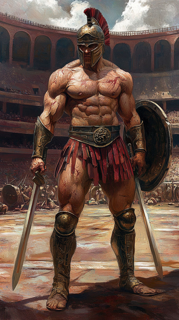 a painting of a roman gladiator holding two swords and a shield in front of an arena