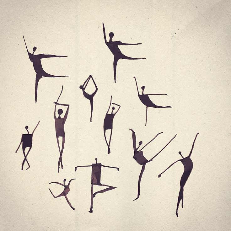 the silhouettes of people are dancing in different poses and positions, with one person doing an acrobatic move