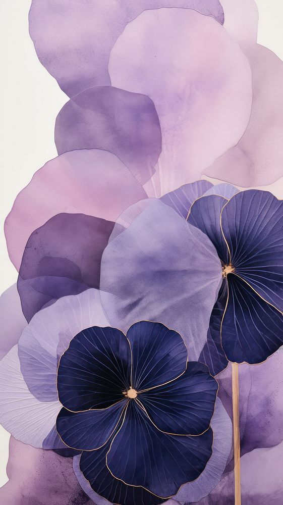 three purple flowers with gold stems in front of a white background that looks like leaves