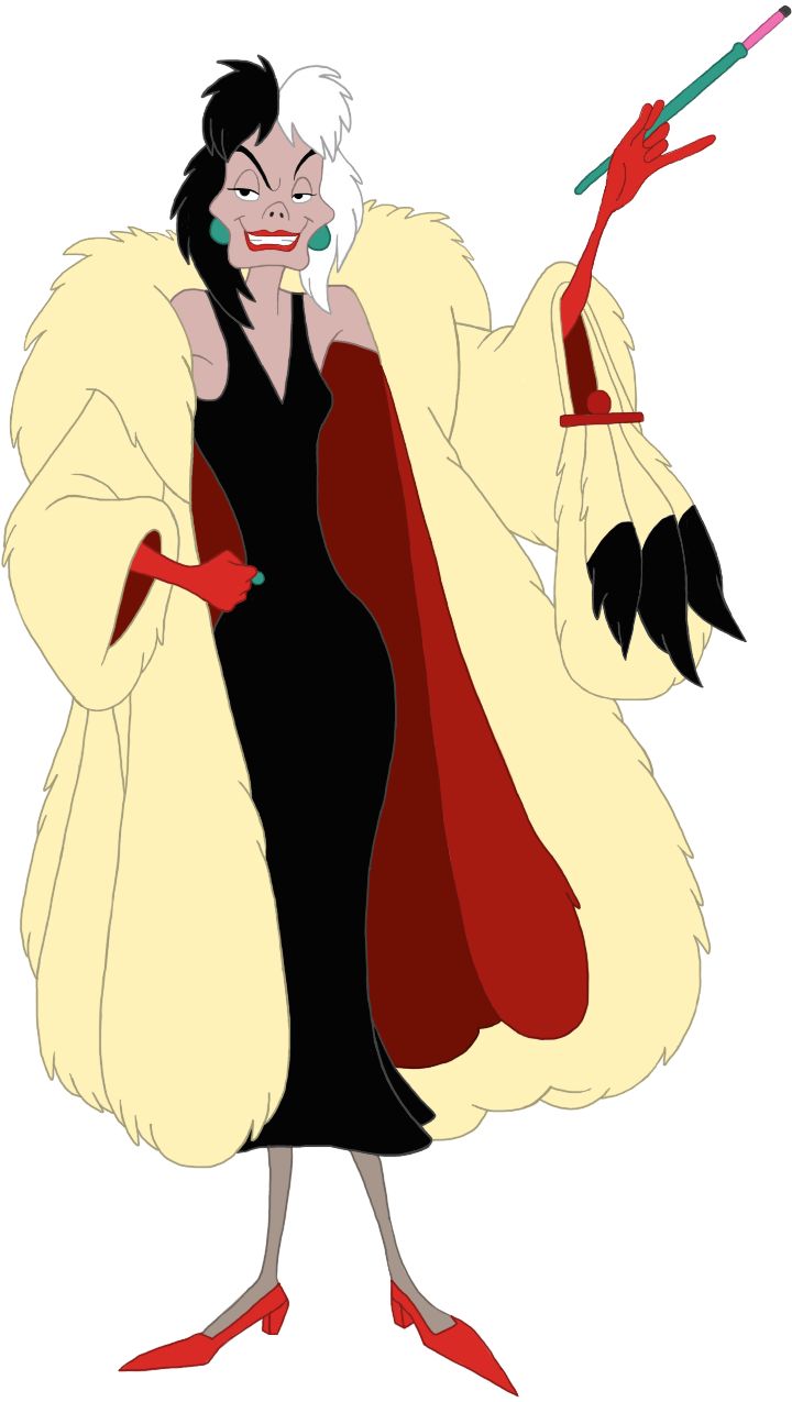 an animated woman in a black dress and white fur coat holding two red umbrellas