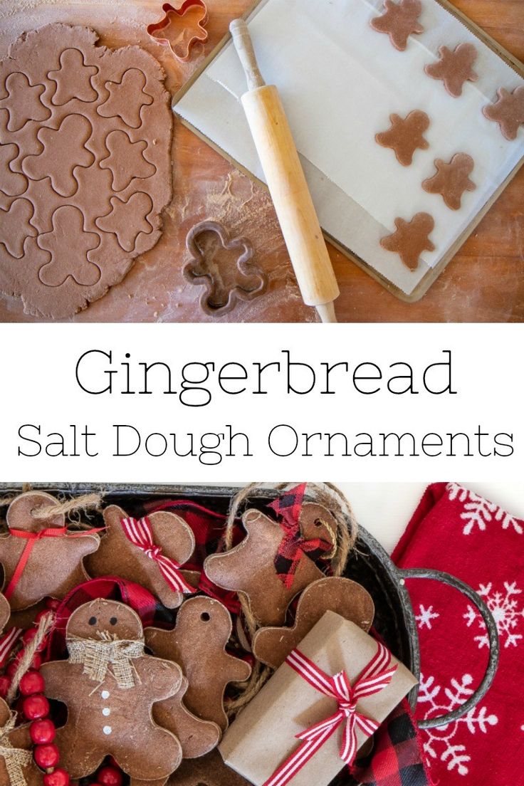 gingerbread salt dough ornaments in a bowl and on a table