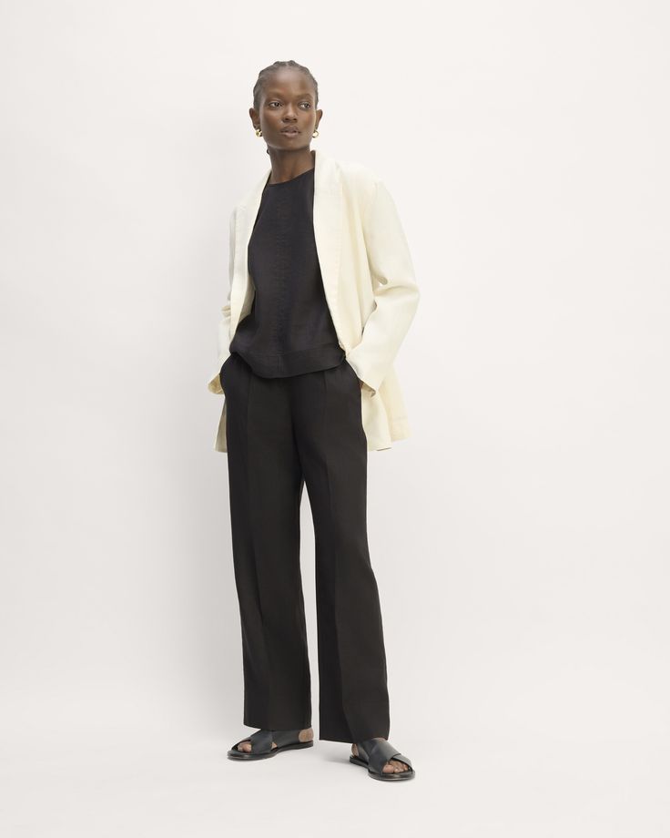 The Linen Easy Pant Chic Linen Workwear Bottoms, Chic Linen Bottoms For Work, Business Casual Straight Silhouette Bottoms For Spring, Business Casual Spring Pants With Straight Silhouette, Classic Straight Silhouette Pants For Spring, Tailored Linen Casual Pants, Tailored Casual Linen Pants, Straight Hem Linen Pants For Fall, Chic Linen Pants For Work