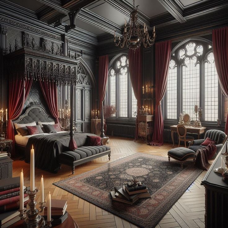 an ornate bedroom with red curtains and chandelier