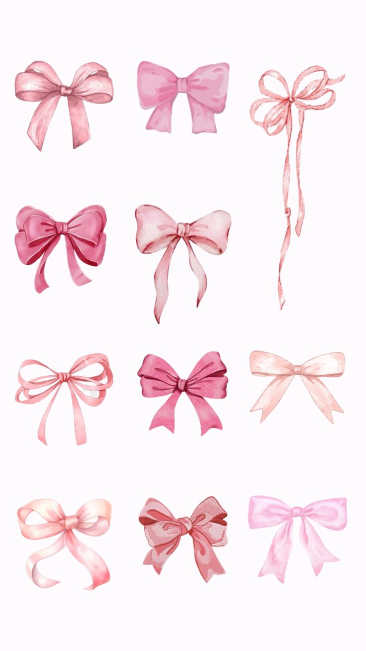 six different types of bows are shown in pinks and whitester colors on a white background