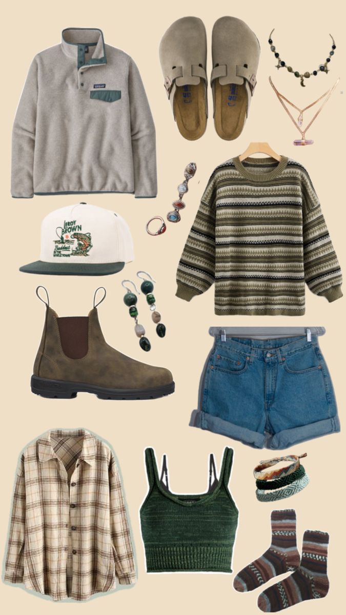 Granola girl aesthetic style outfits, patagonia synchilla fleece, jean shorts, blundstone boots, Birkenstock clogs, crystal jewelry, jem rings, granola socks, comfy socks, flannel shirt, green tank top, blundstone boots, national park themed hat, green sweater, Granola Girl Outfits, Granola Outfits, Surfergirl Style, Earthy Outfits, First Aid Beauty, Granola Girl, Life Tips, Beauty And Lifestyle, Hiking Outfit